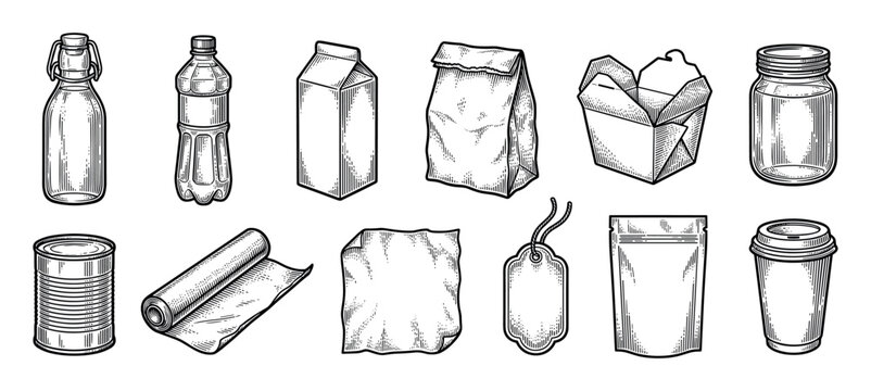 Set of various food packaging containers including a bottle, can, jar, and box, drawn in a detailed vintage black and white engraving style illustration