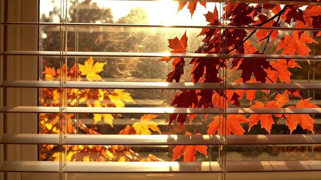 autumn leaf foliage view on a window
