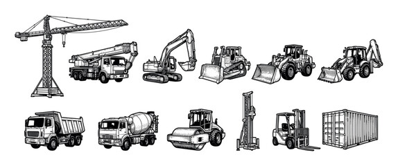 Set of construction heavy machinery illustrations in a detailed black and white vintage engraving style, featuring a crane, excavator, bulldozer, dump truck, and forklift for building projects