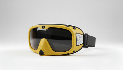 Modern yellow ski goggles with integrated camera and black strap, isolated on white background