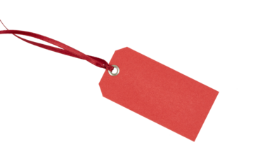 blank red price tag or gift tag with string isolated on white or transparent png