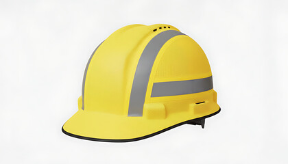 Yellow construction hard hat with reflective gray stripes, safety helmet isolated on white