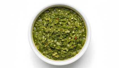 Top view of a white bowl filled with vibrant green chili sauce or paste, isolated on white