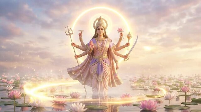 Divine multi-armed goddess durga radiates golden light, standing on lotuses in this ethereal illustration for navratri.