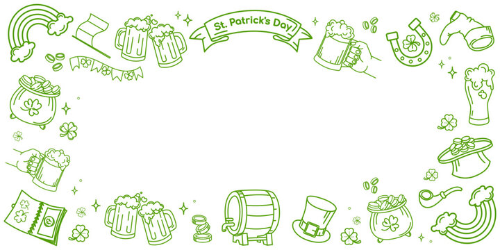 Festive green line art frame banner with St. Patricks Day icons beer mugs, clovers, rainbow, coins, hat, horseshoe, for party invitations, holiday flyers, greeting cards, posters, social media.Vector