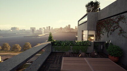 Naklejka premium Rooftop terrace with city skyline bathes in soft sunrise light, wooden decking and potted plants frame intimate urban garden. Woven rug and outdoor seating