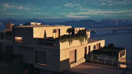 Naklejka premium Rooftop sunset terrace with golden light, modern stacked residence with glass skylight and warm evening lights, panoramic skyline and bay views, intimate lounge