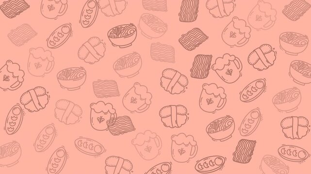 Seamless pattern of beer, ramen, sushi, and bread, perfect for foodthemed design projects or restaurant branding. Ideal for print and digital.