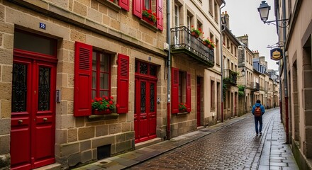 Fototapeta premium Narrow European Stone Street with Red Doors and Shutters