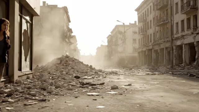 Woman runs through destroyed city street with rubble everywhere. Survivor escapes through war devastation. Woman flees destroyed buildings. City ruins with debris and running woman survivor.