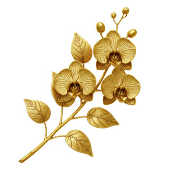 Macro close-up of two polished 24k gold orchids and intricate vine leaves, featuring hyper-realistic metallic texture, isolated on a transparent background. Concept of luxurious botanical art