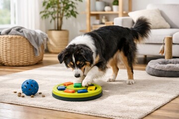 A playful Australian Shepherd dog engaging with a colorful puzzle toy at home, showcasing smart playtime and mental stimulation.