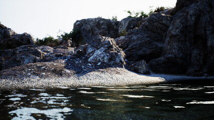 Rocky shore glistening under low sun, tidal pools and damp stones shimmering, conservation fieldsite focus on habitat and sampling, coastal ecology mood