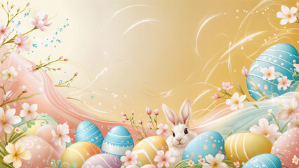 Whimsical Easter scene with a rabbit among decorated eggs and blossoms on a golden background.