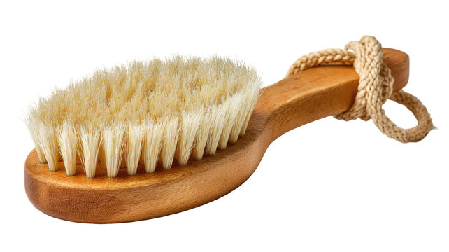 Natural wooden body brush with soft bristles spa skincare accessory dry brushing wellness product studio photography isolated on white background