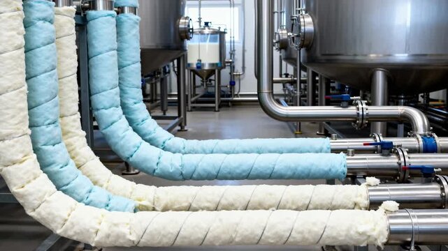 Medium shot focusing on insulated piping within an energyefficient heat recovery loop minimizing thermal losses during pasteurizer waste heat reuse in milk processing.