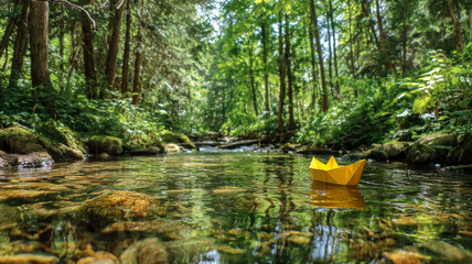 Small yellow origami paper boat floating in crystal clear river water. Beauty of nature, freedom and dreams concept.
