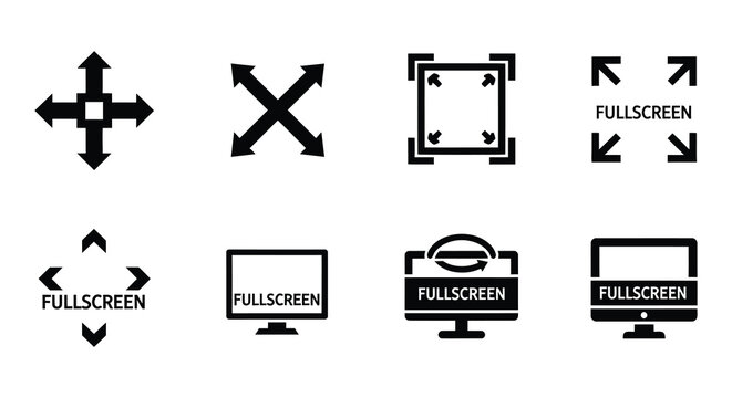 Collection of black and white icons depicting directional arrows and screen controls