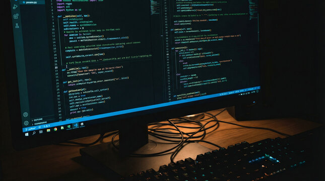 Computer monitor displaying programming code in a dark workspace. Developer working on software development at night with a glowing keyboard