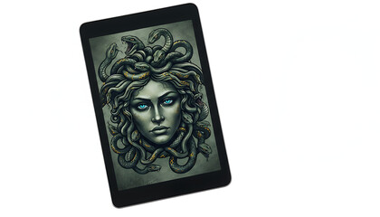 Digital illustration of Medusa with snakes for hair and striking blue eyes on a tablet screen
