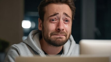 Obraz premium Emotional man crying while staring at computer screen in a dimly lit room, expressing vulnerability and distress