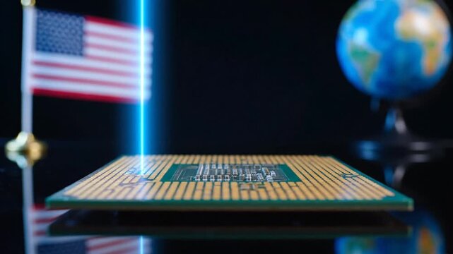 Cinematic close-up on a CPU chip glowing with a blue energy beam, flanked by a US flag and a rotating globe, symbolizing American technological power and global semiconductor supply chain influence.