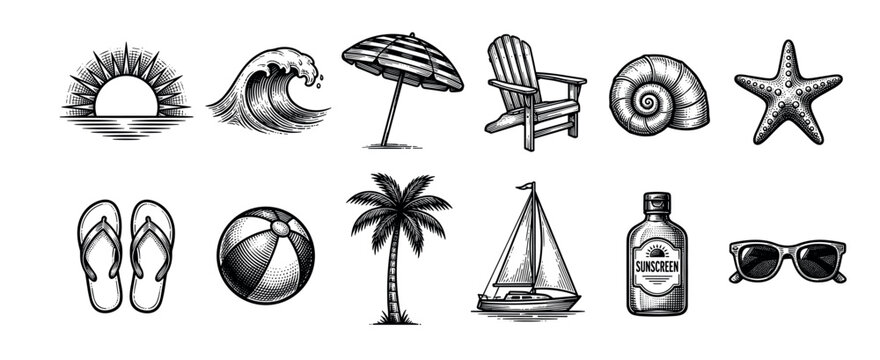Collection of twelve summer beach icons in a black and white vintage woodcut style including a palm tree, wave, sailboat, starfish, and other vacation symbols