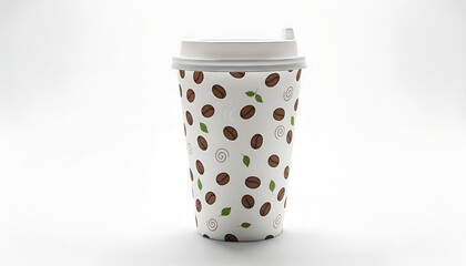 Disposable coffee cup with a pattern of coffee beans and green leaves, for hot beverages