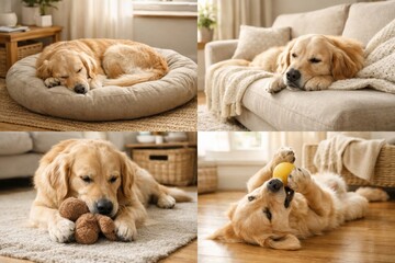 A playful Golden Retriever enjoys cozy moments at home, sleeping and playing with toys in a warm, inviting living space.