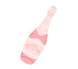 Romantic Valentine's Day champagne bottle decorated with hearts. Pink bottle hand-drawn illustration.