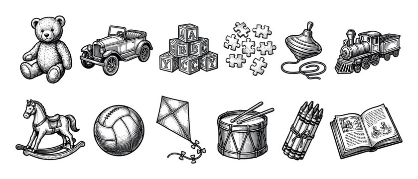 Collection of vintage children's toys illustrated in a classic black and white engraving style, including a teddy bear, car, train, rocking horse, drum, and alphabet blocks