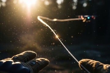 Operator's gloved hands control a military drone via a glowing fiber optic tether. Essential for secure data link in covert operations, bathed in dust-filled sunlight