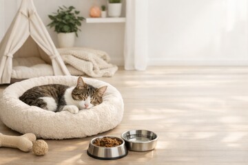 A serene tabby cat sleeping peacefully in a cozy bed beside food bowls, surrounded by a warm, inviting living space.
