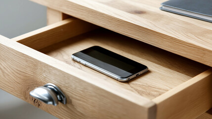 Close-up of a smartphone locked away in a wooden desk drawer, digital detox concept, soft diffused light, sharp focus on the drawer handle, with copy space
