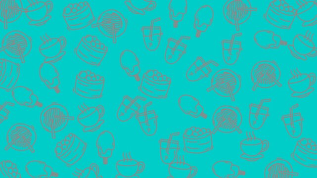 Sketch art of drinks, desserts, and noodle bowls pattern. Great for food and beverage menus, packaging, and restaurant decor designs.