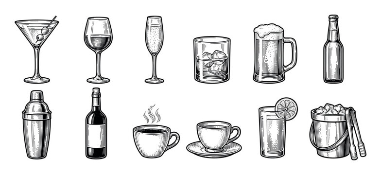 Large collection of bar and cafe drinks illustrated in a detailed black and white vintage engraving style, featuring cocktails, wine, beer, coffee, and barware accessories