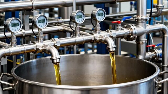 Medium shot of liquid fat dosing system showing precise piping injecting measured oils into industrial mixer highlighting control valves and flow meters.