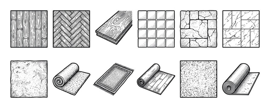 Set of different flooring materials including wood, parquet, tile, stone, marble, carpet, and linoleum, illustrated in a detailed vintage black and white engraving style