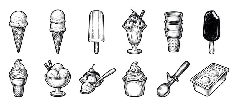 Large set of vintage ice cream illustrations in a detailed black and white engraving style, showing cones, sundaes, popsicles, soft serve, and scoops for a classic dessert menu