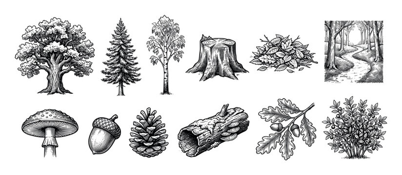 Hand-drawn vintage style forest elements collection including trees, a mushroom, an acorn, a pinecone, a log, and a stump in a detailed black and white etching illustration style