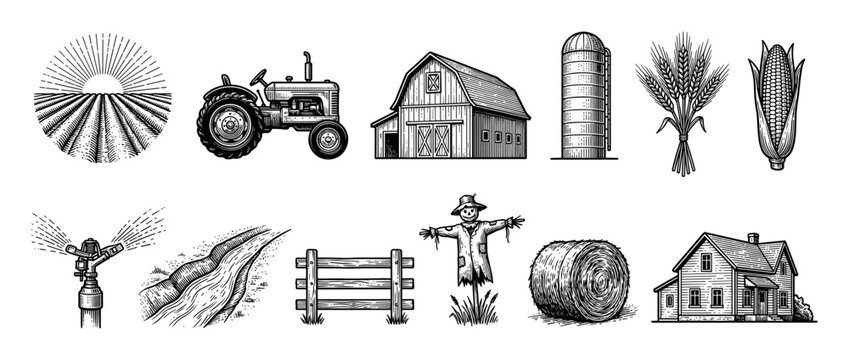 Set of farm and agriculture illustrations in a vintage black and white engraving style, depicting a tractor, barn, silo, wheat, corn, scarecrow, and farmhouse