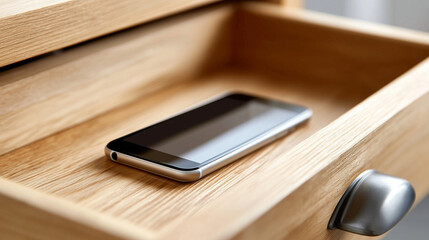 Close-up of a smartphone locked away in a wooden desk drawer, digital detox concept, soft diffused light, sharp focus on the drawer handle, with copy space
