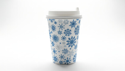White disposable coffee cup decorated with a repeating pattern of blue snowflakes for winter