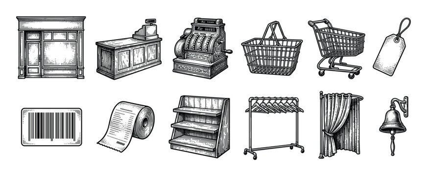 Set of vintage shopping and retail icons including a storefront, cash register, cart, basket, and barcode, illustrated in a detailed black and white engraving sketch style