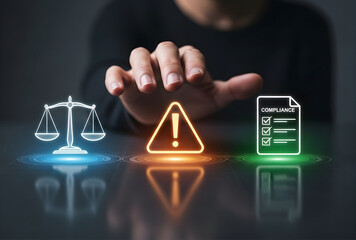 Law and warning concept with hand and icons