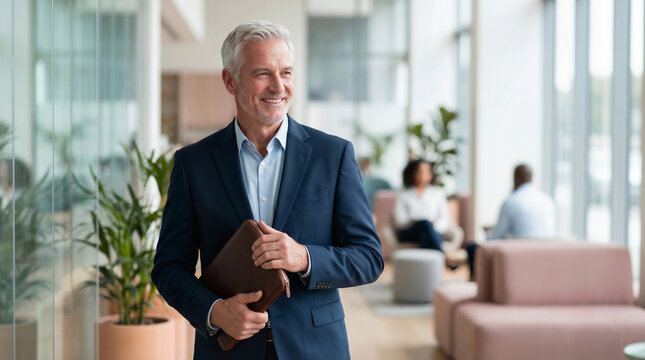 Portrait of a smiling, confident senior businessman holding a leather folder in a modern, bright office lobby