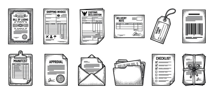 Set of hand-drawn shipping document icons including a bill of lading, invoice, customs declaration, and manifest in a vintage black and white engraving or woodcut illustration style