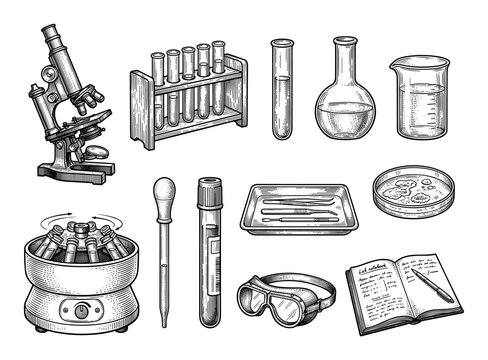 Collection of vintage laboratory equipment illustrations including a microscope, test tubes, flask, and beaker in a classic black and white engraved woodcut style for scientific concepts