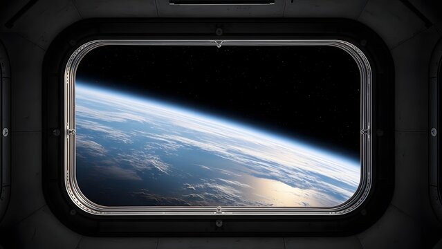 view of the earth from a space station window in outer space
