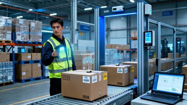 Operator scanning tagged cartons with portable RFID device near a portal gate highlighting smart coldchain logistics and inventory accuracy.
